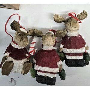 3 Carved Wooden Moose Christmas Ornaments In Santa Suits
